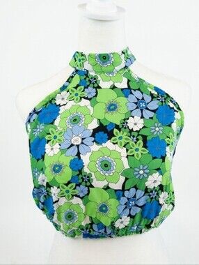 70's Style Green & Blue Floral Halter Crop Top Festival Trending